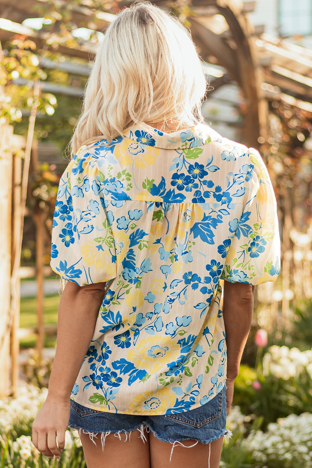Mixed Floral Striped Print Puff Short-Sleeved Blouse