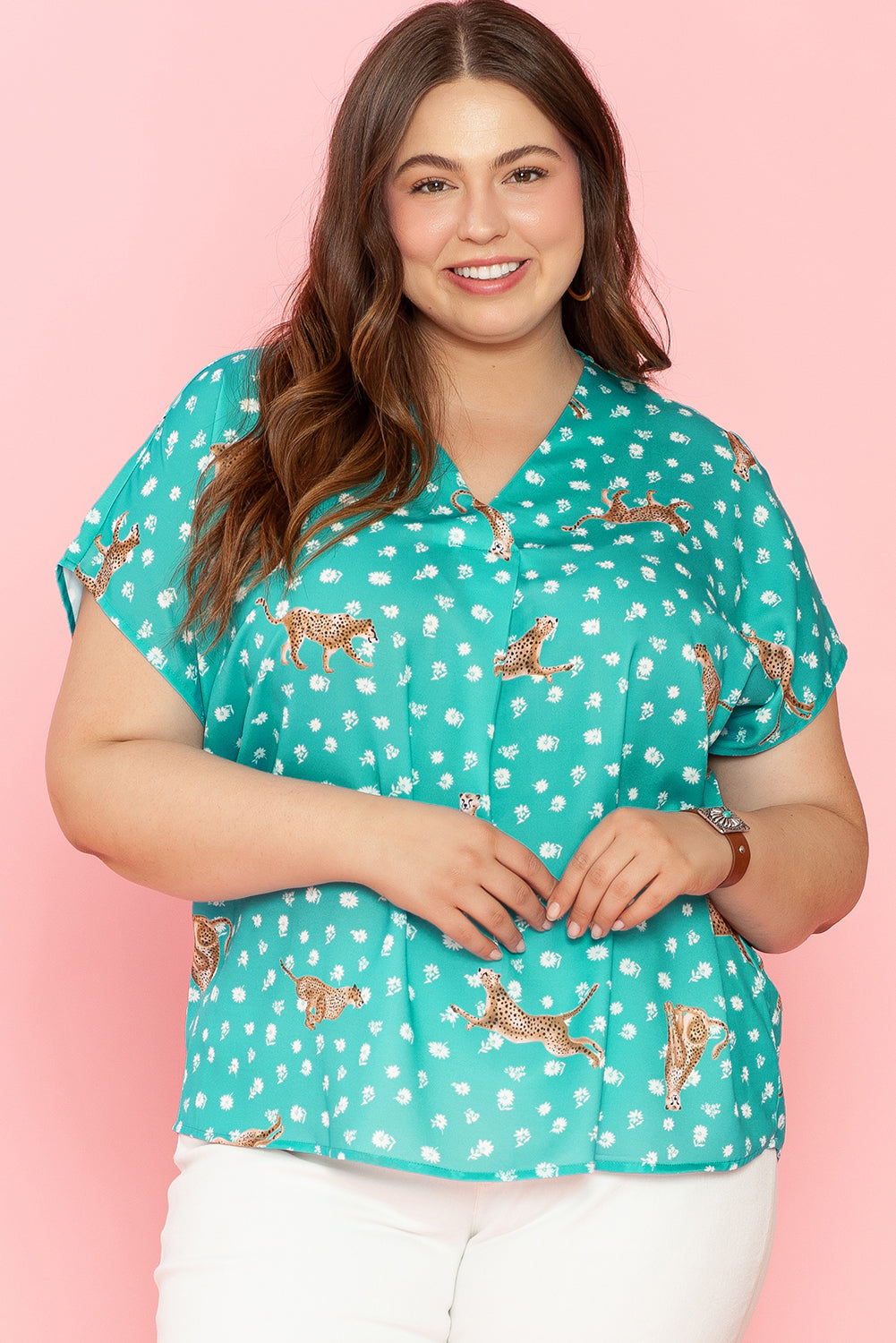 Women's Top with Cheetah V Neck Plus Size