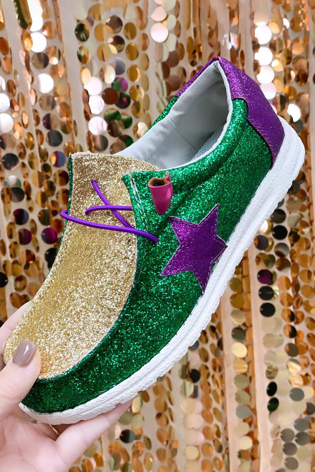 Mardi Gras Star Glitter Colorblock Patched Slip On Shoes