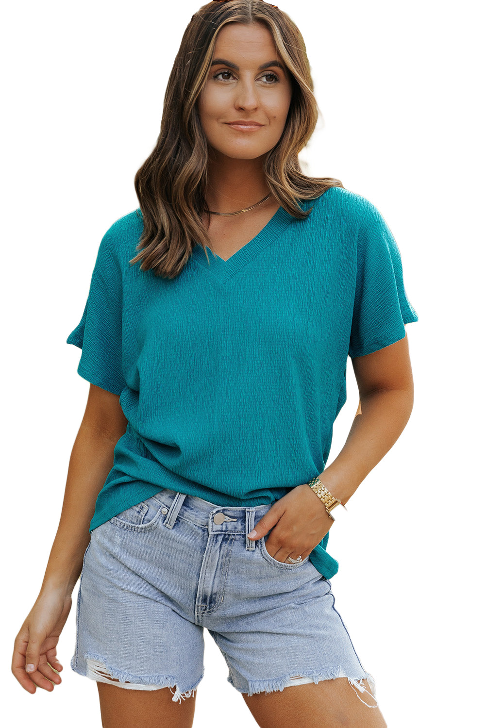 Women's T-shirt Featuring Wide Sleeve Crinkled V Neck