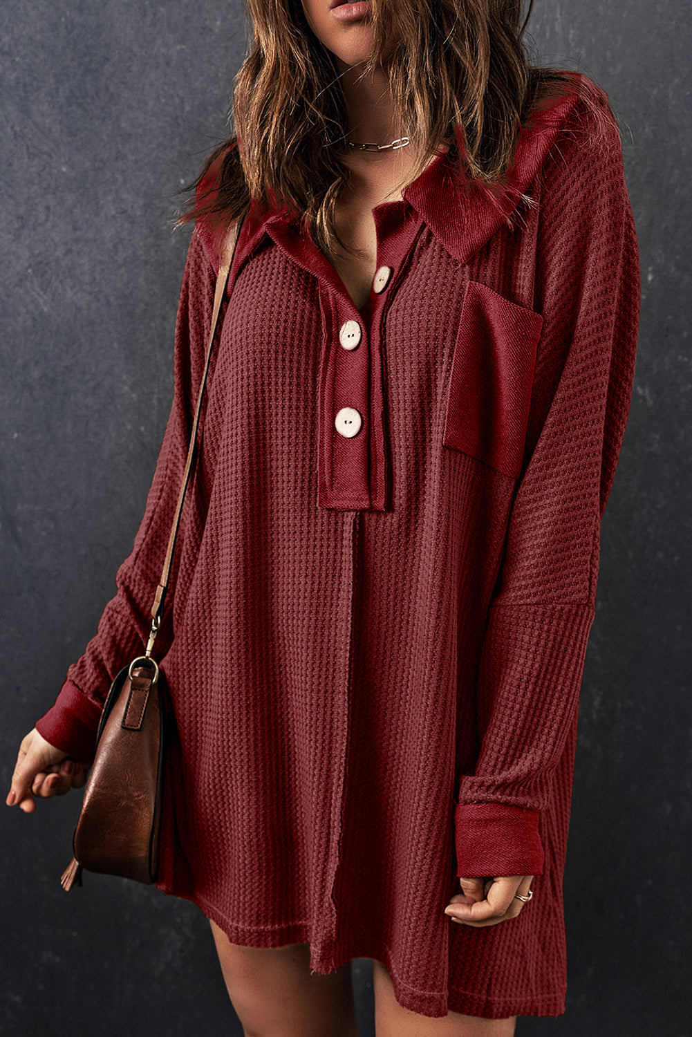 Top for Women Waffle Knitted Long-Sleeve