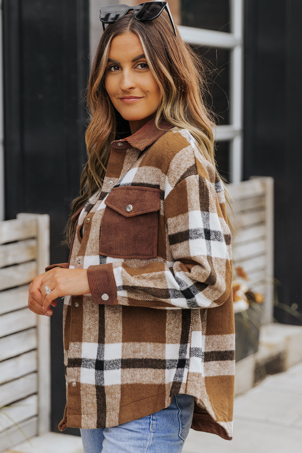 Shirt Jacket for Women Button-Front Plaid Pocket-Detail