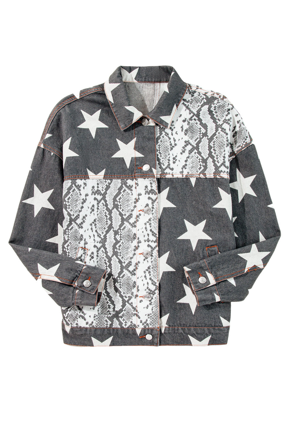 Denim Jacket with Star Snakeskin Patterned Patchwork-Style