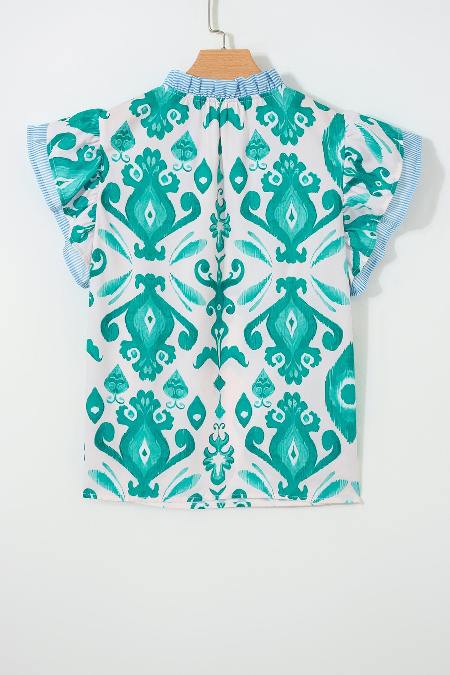 Ethnic Trim Print Striped Flutter Sleeve Top