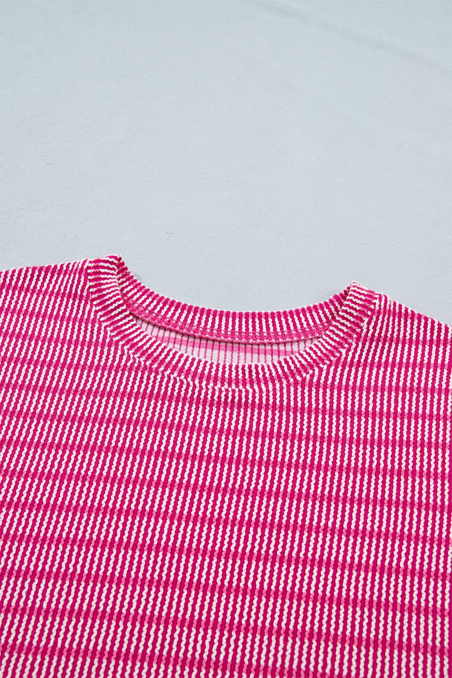 Rose Rib Stripe Raised Loose Tee Drawcord Elastic Waist 2pcs Short Set