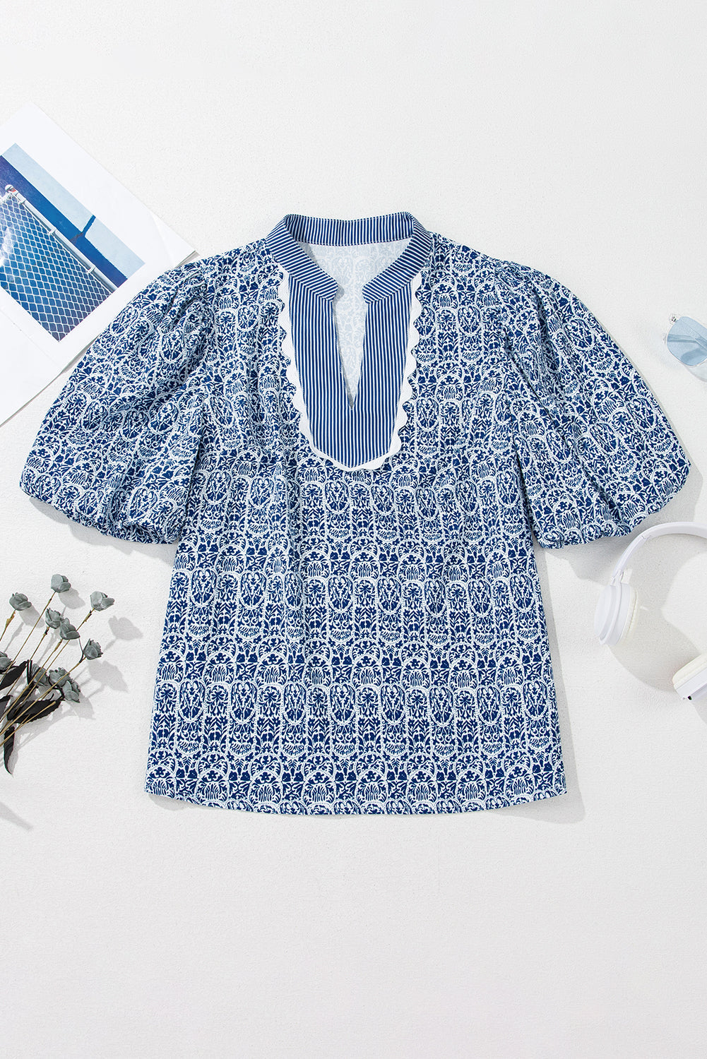 Floral Striped Print Contrast Ric-rac Puff Sleeve Top