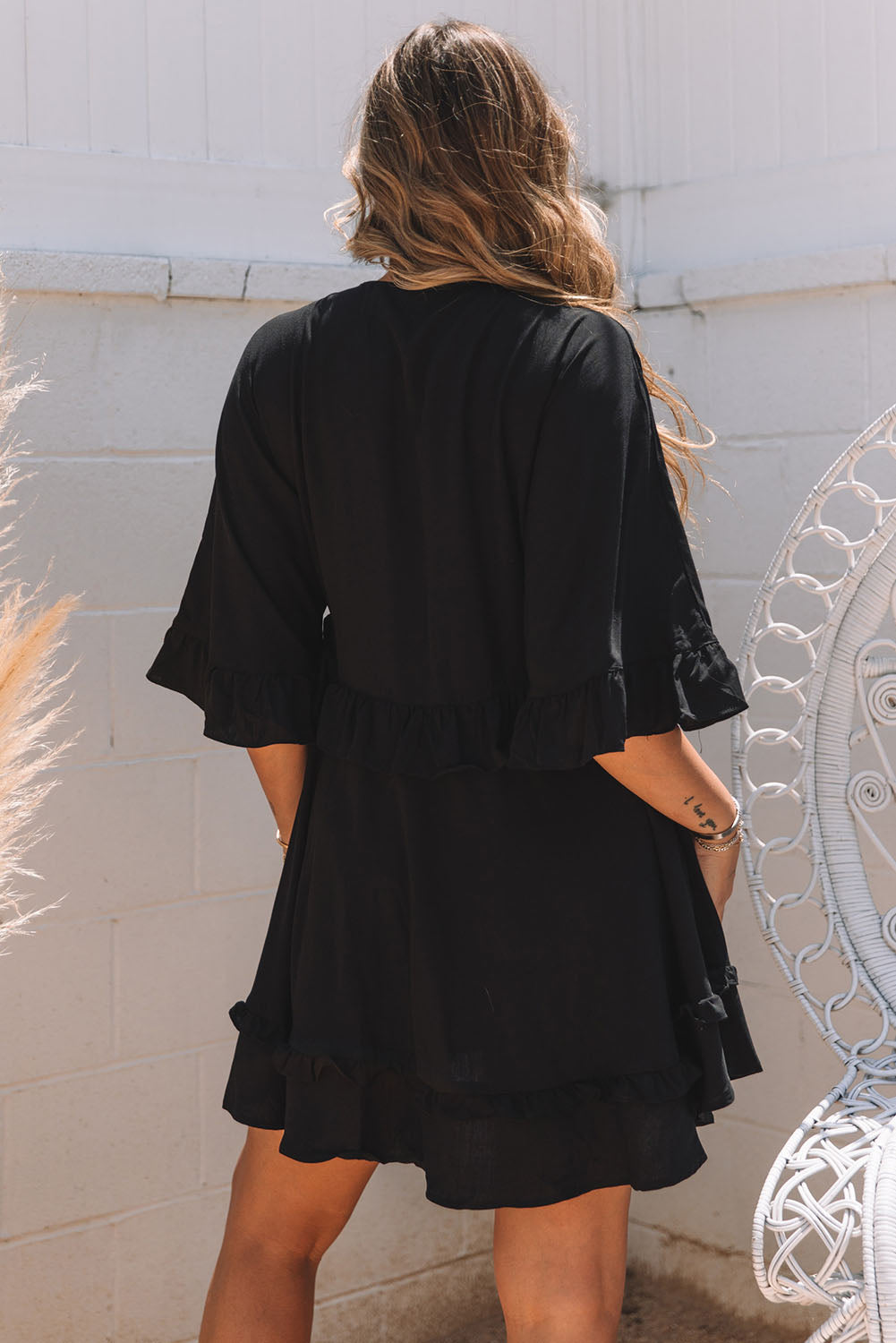 Women's Mini Dress Featuring Babydoll Ruffle-Trimmed Three-Quarter Sleeve