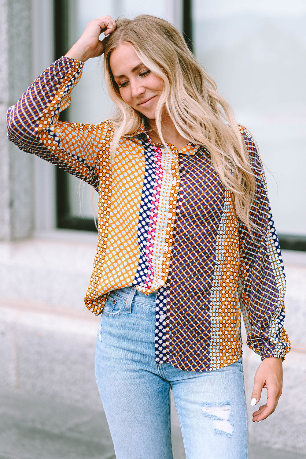 Women's Dot Print Button Down Shif T Shirt