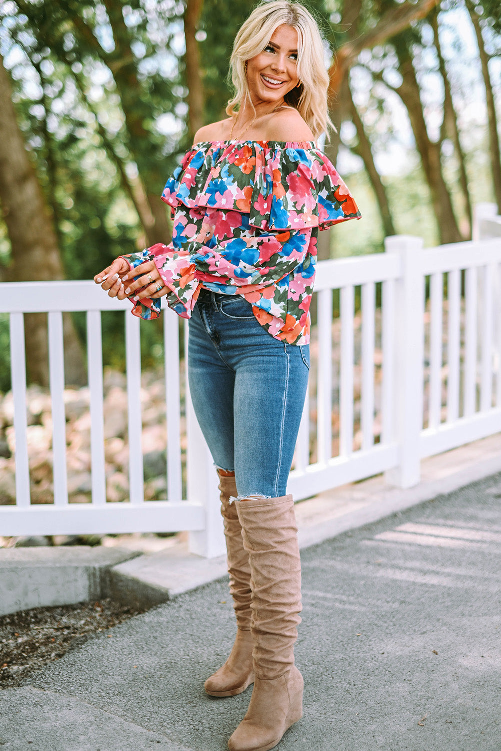 Women's Floral-Print Ruffle-Trimmed Off Shoulder Blouse