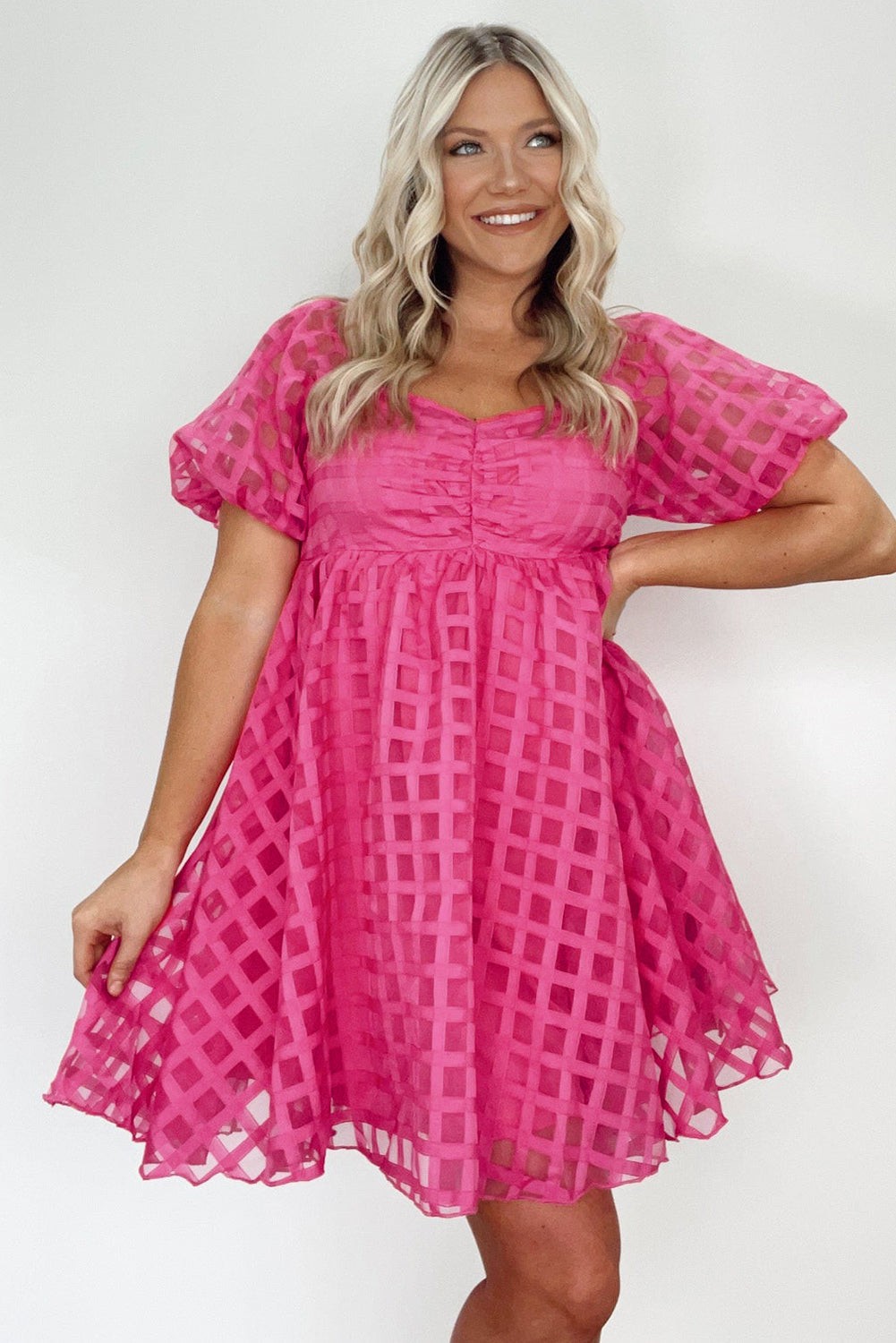 Women's Dress with Checked Balloon Sleeve Babydoll