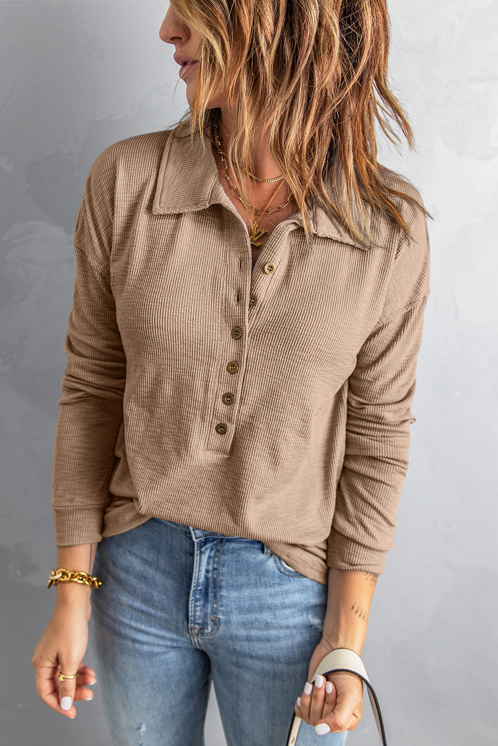 Women's Button Turn-down Neck Knit Top