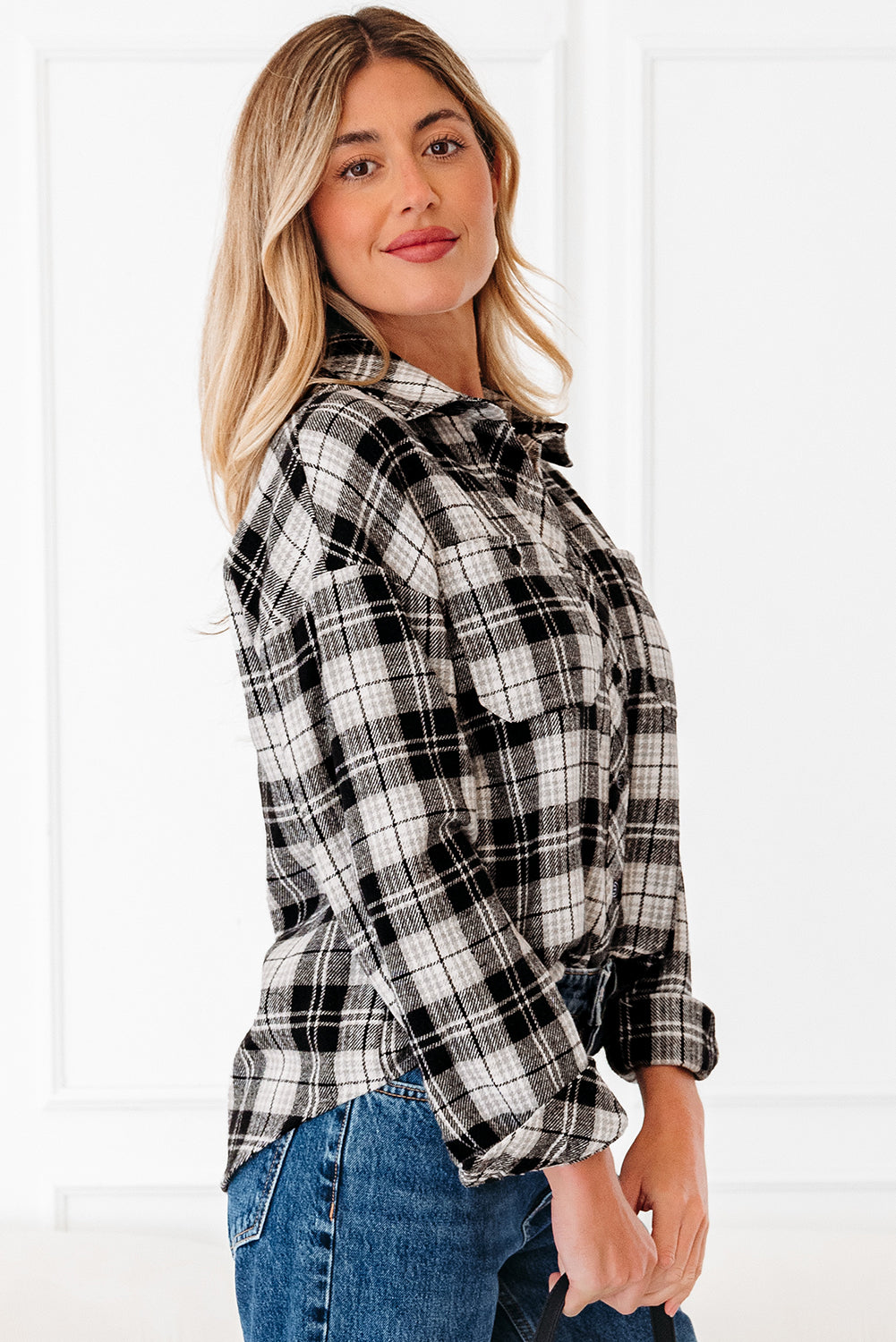 Chest Plaid Print Pockets Button-Front Shirt