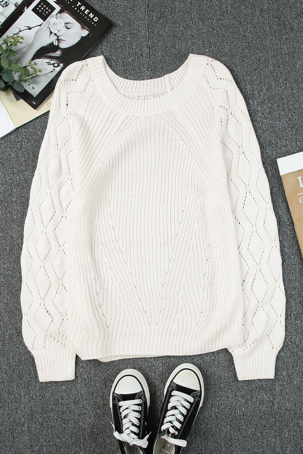 Polished Puffy White Hollow-out Sleeve Knit Knit Top