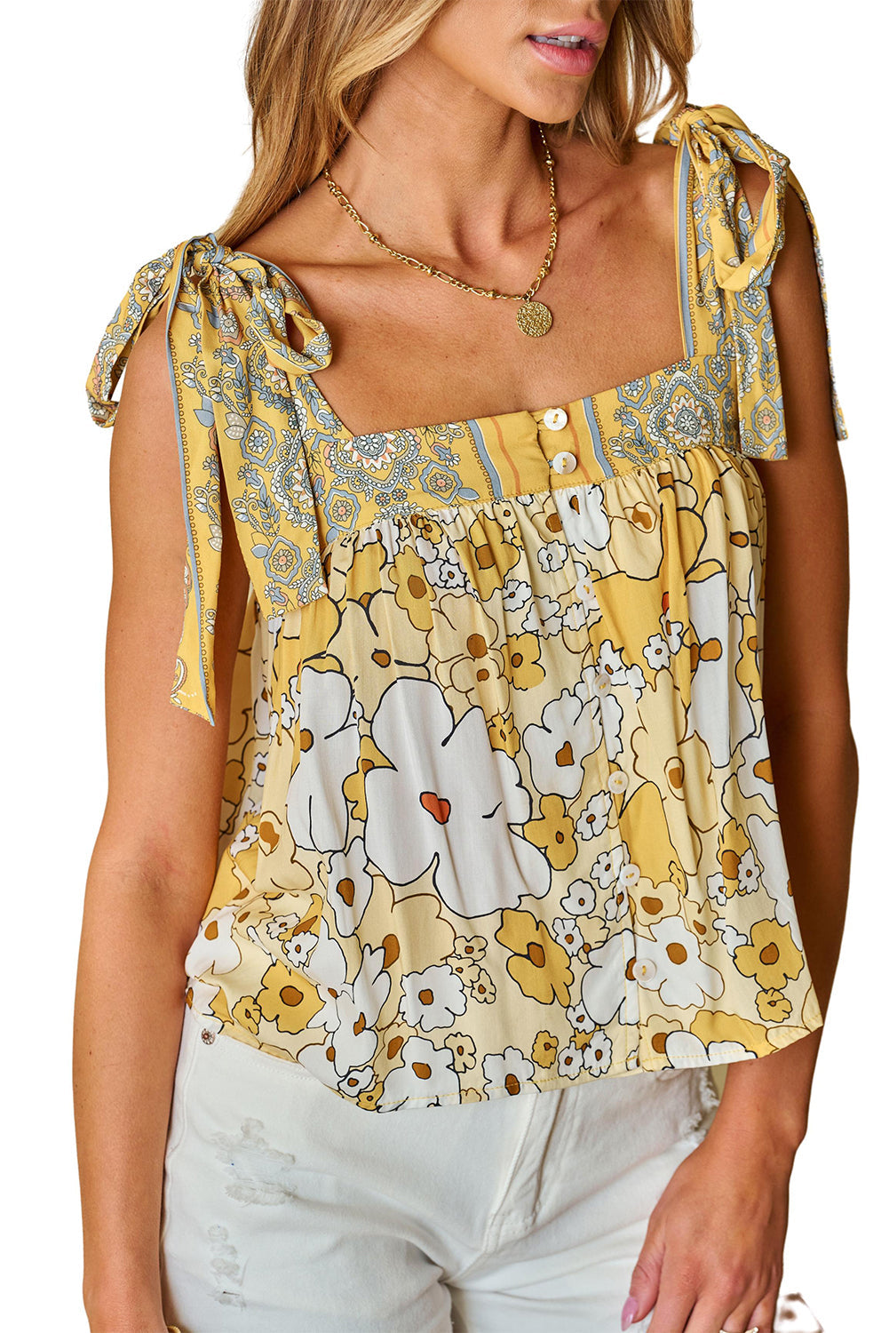 Women's Tank Top with Floral-Print Tie-Front Straps Button-Front
