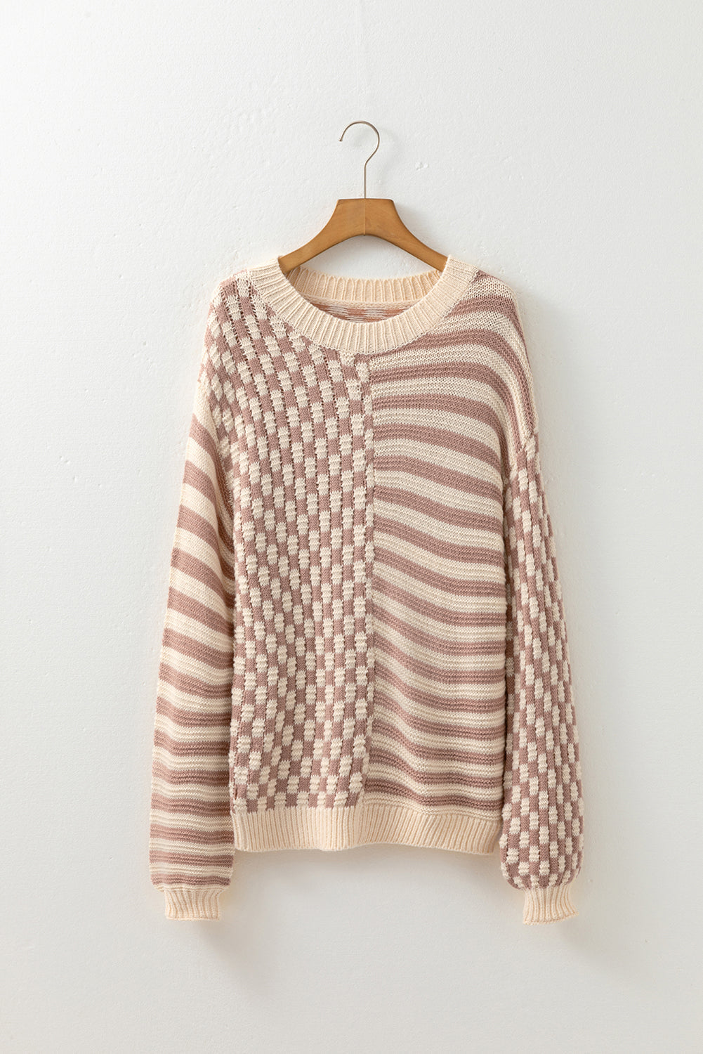 Checkerboard Sleeve Drop-Shoulder Balloon Knit Top