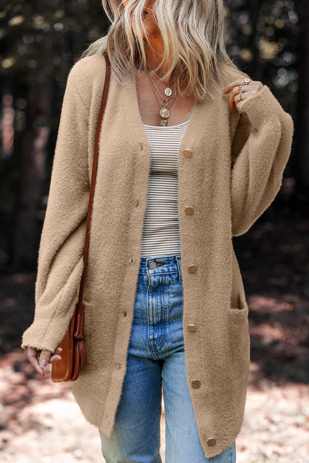 Fuzzy Button-Front Midi Solid Cardigan Style