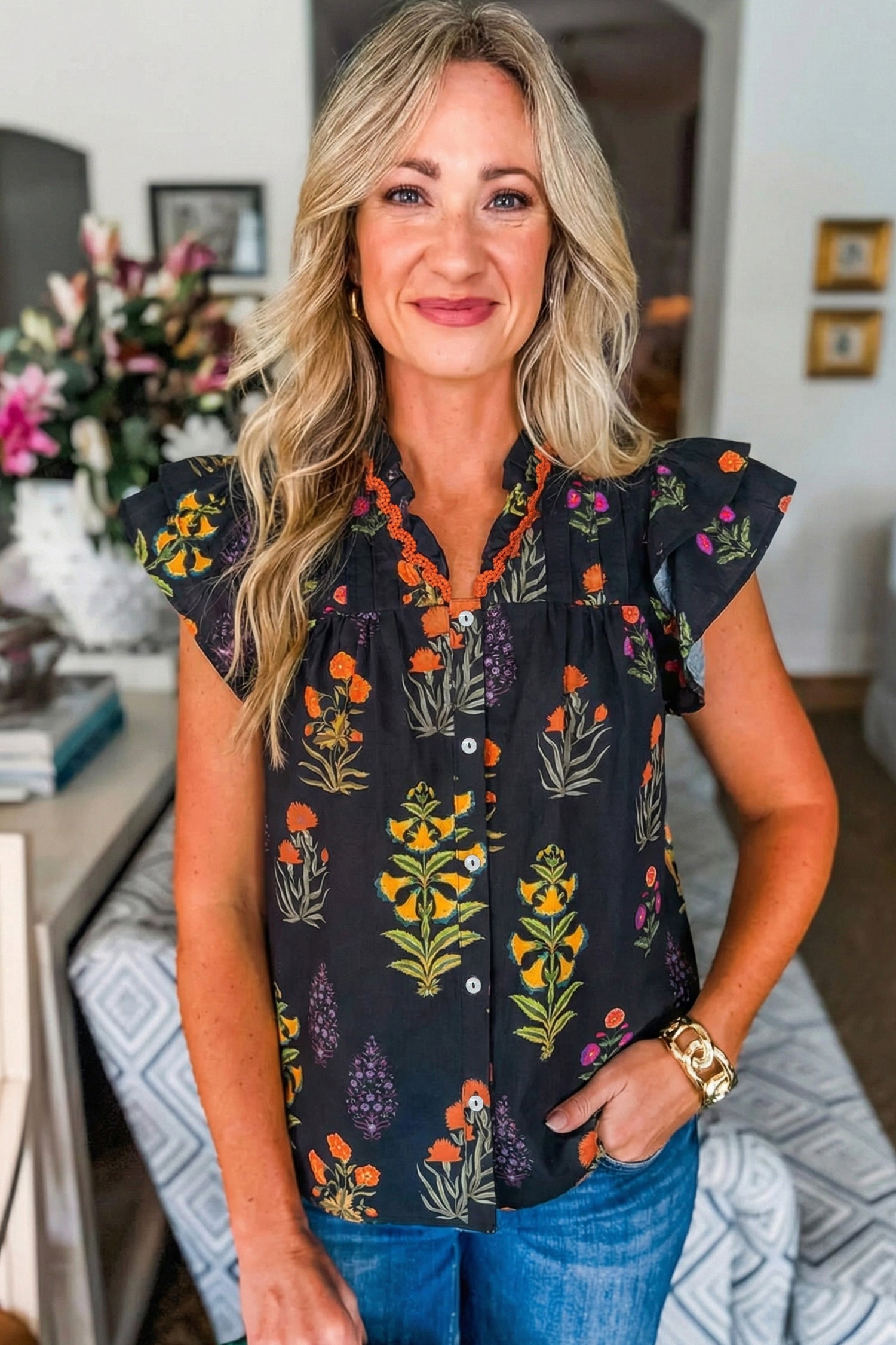 Lace Trim Floral-Print Trim Frilled Short-Sleeved Shirt