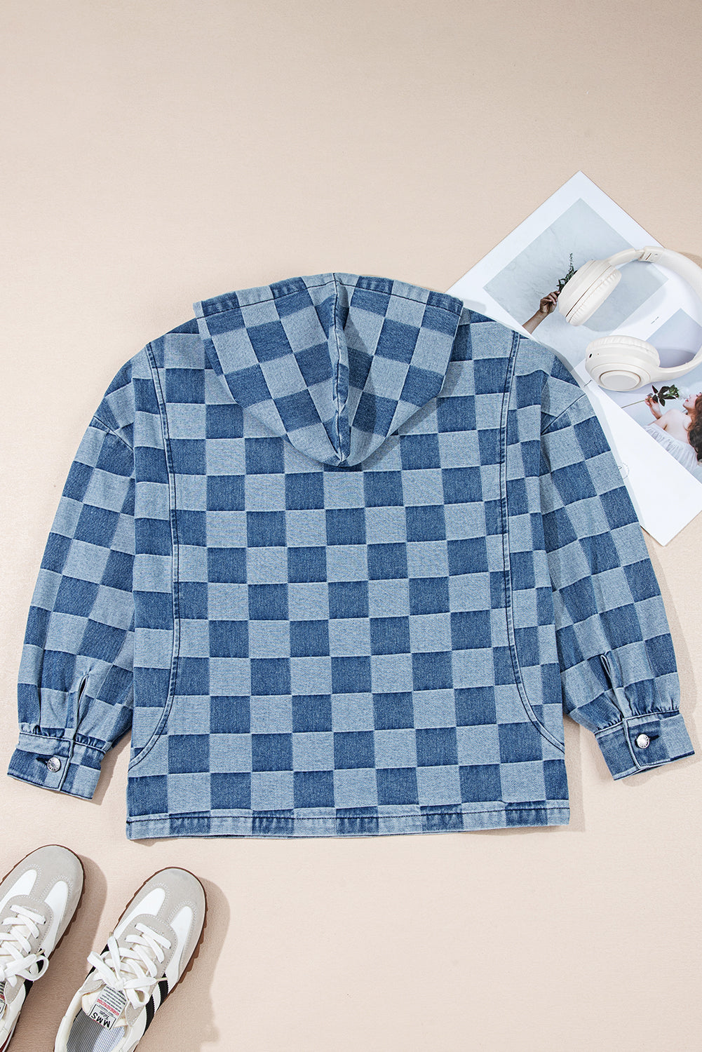 Neck Checkerboard Zip Kangaroo Pocket Denim Hoodie