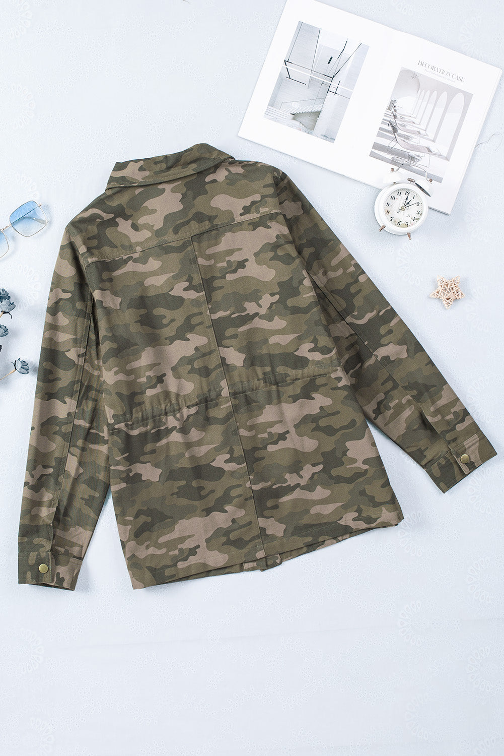 Women's Camouflage-Print Green Multi Pockets Button-Front Jacket