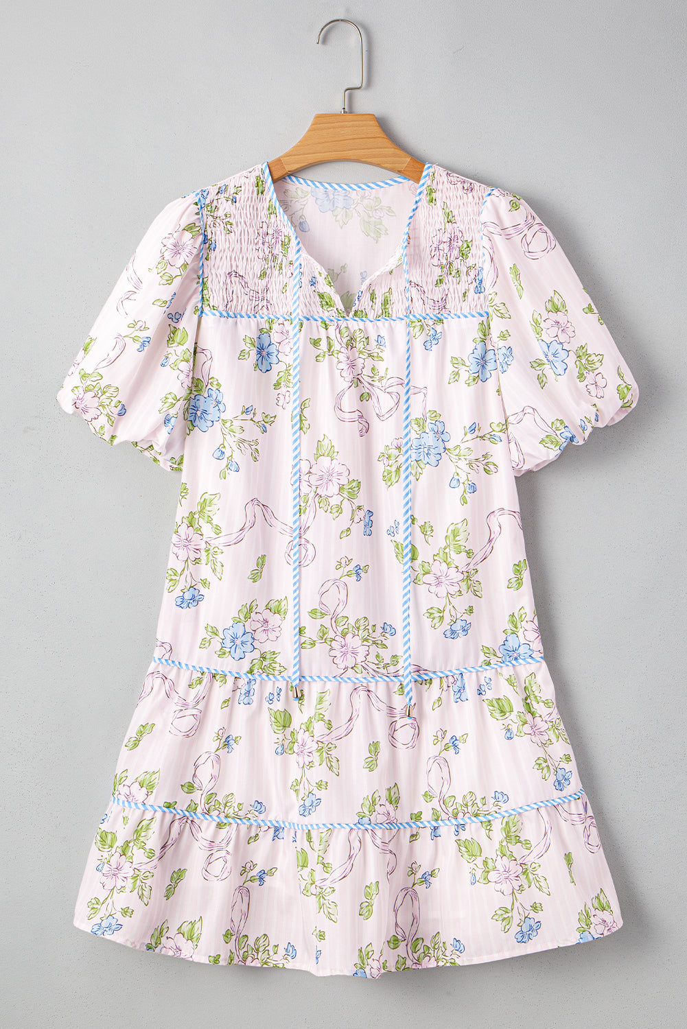 Striped Print Floral Print Contrast Trim Tie Split Neck Mini Dress