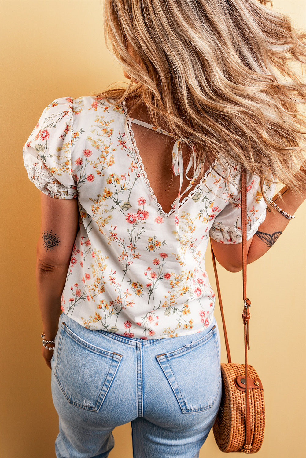 Women's Blouse with Lace-Trimmed Bohemian Floral-Print