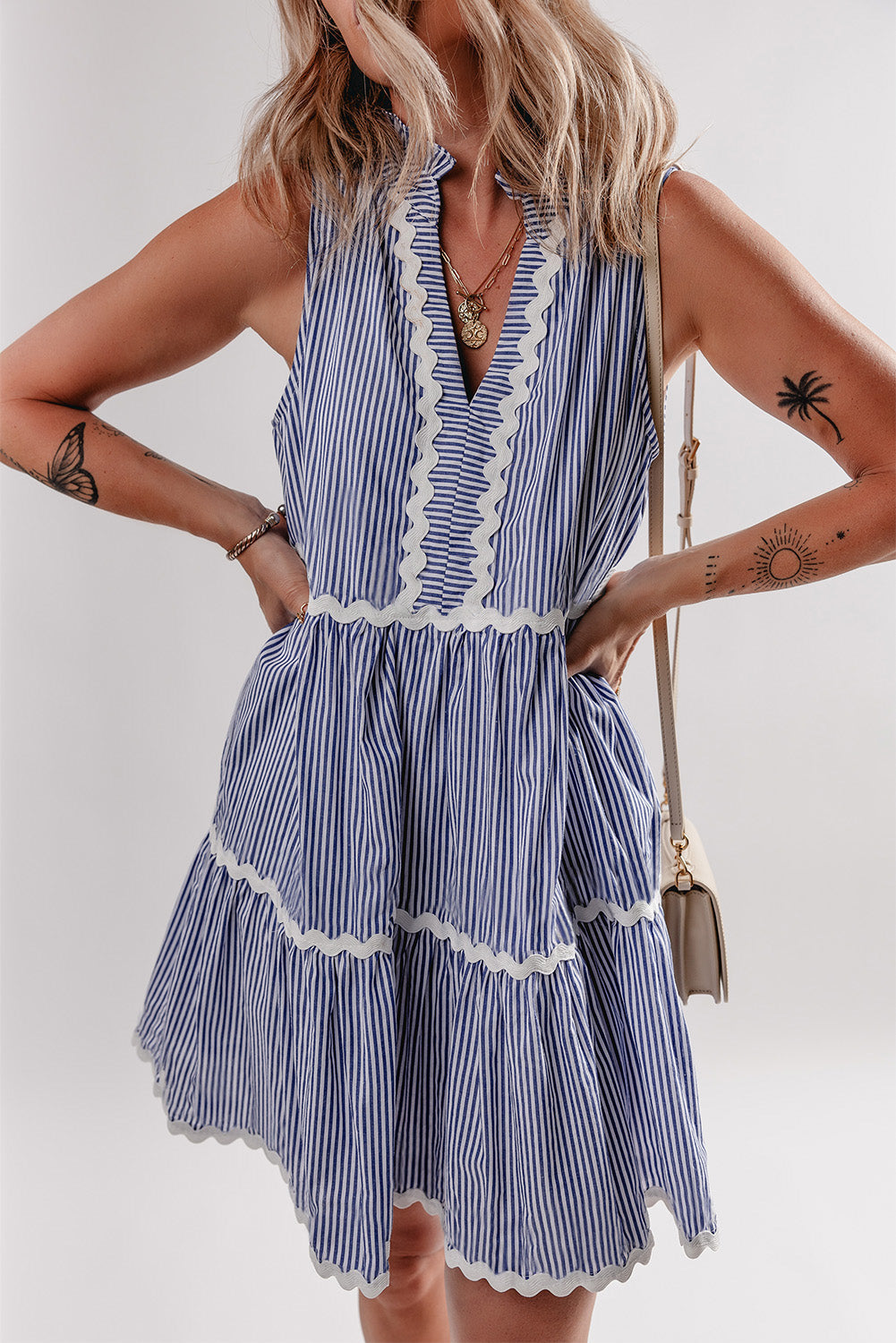 Blue Stripe Sleeveless Notched V Neck Mini Dress