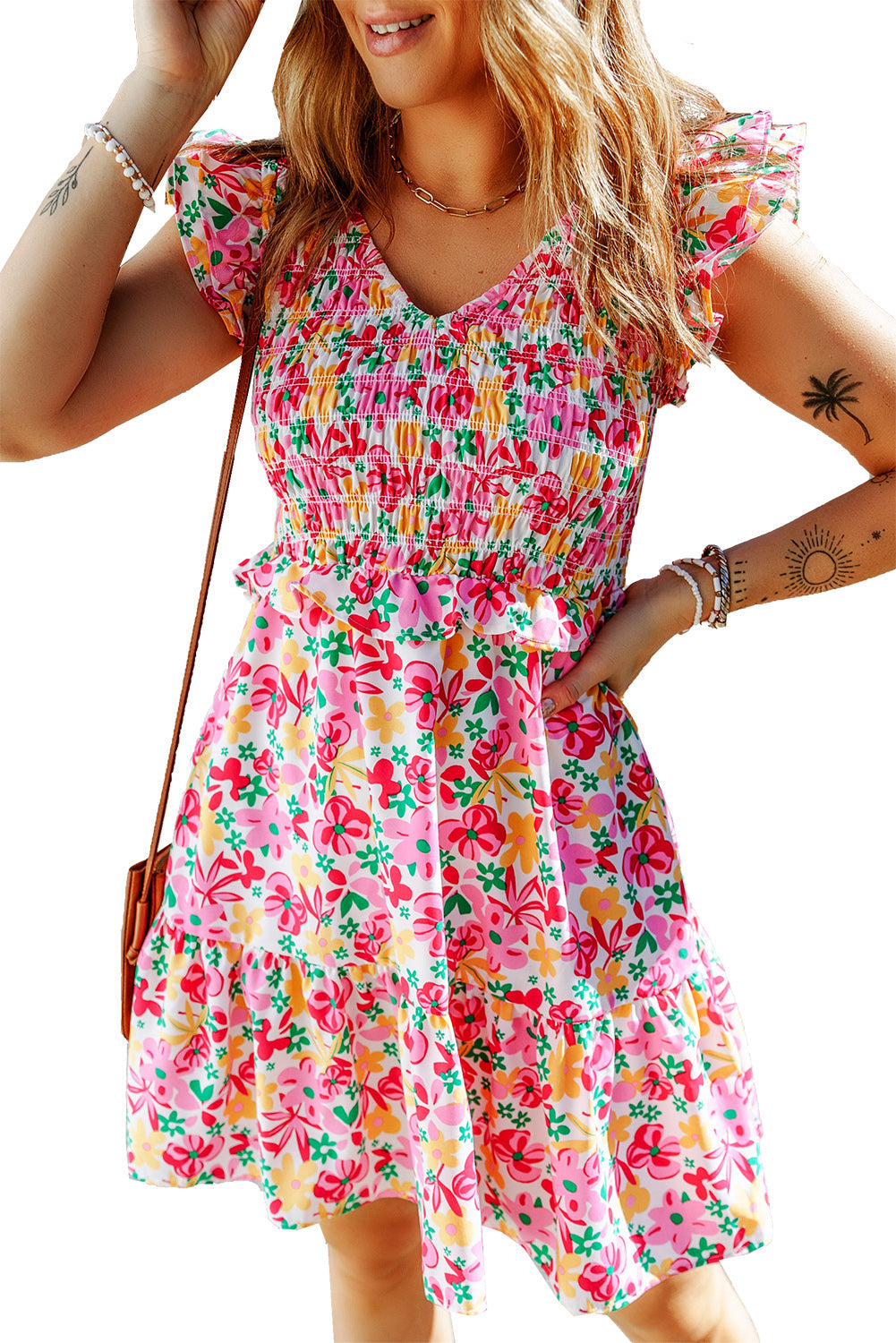 Women's Floral Dresses Featuring Shirred Bodice Ruffle-Trimmed