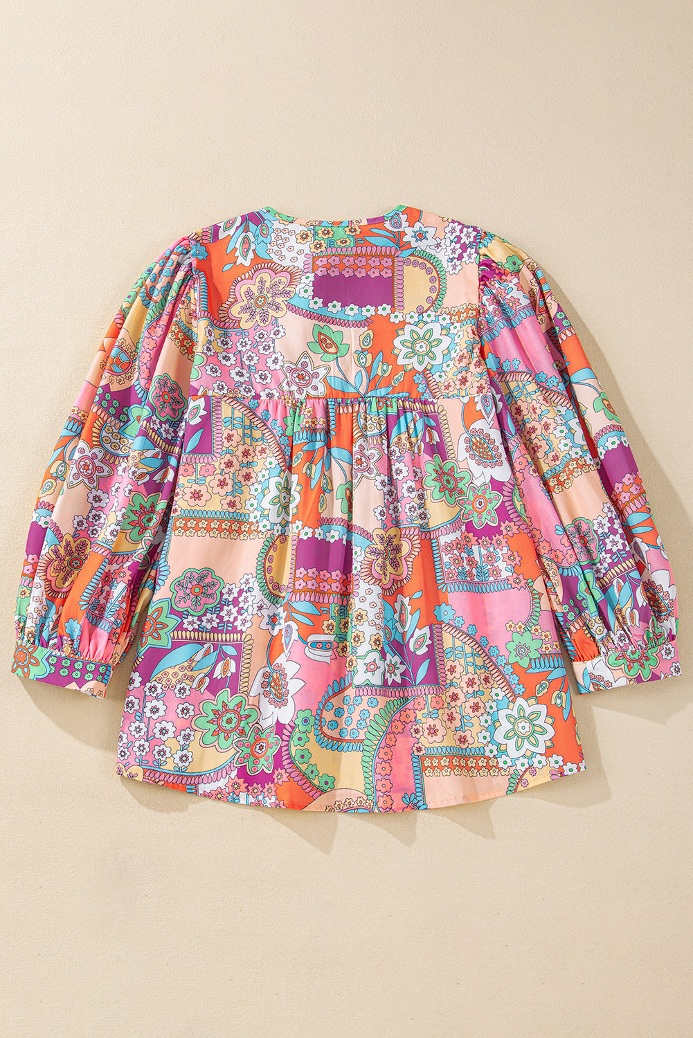 Floral Bubble Boho Bubble Sleeve Tassel Tied Neck Pleated Blouse