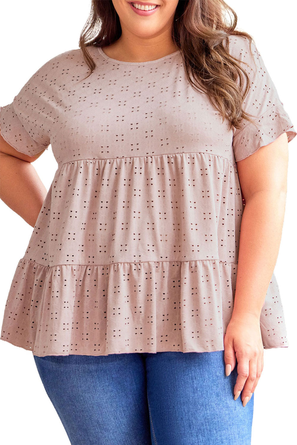 Babydoll Top for Women Plus Size Eyelet Pattern Ruffle-Trimmed Sleeve