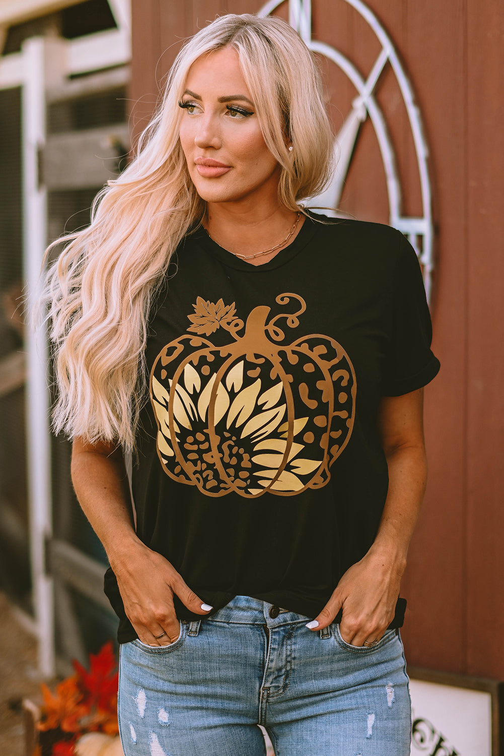 Women's Tee with Halloween Sunflower Pumpkin Graphic-Print
