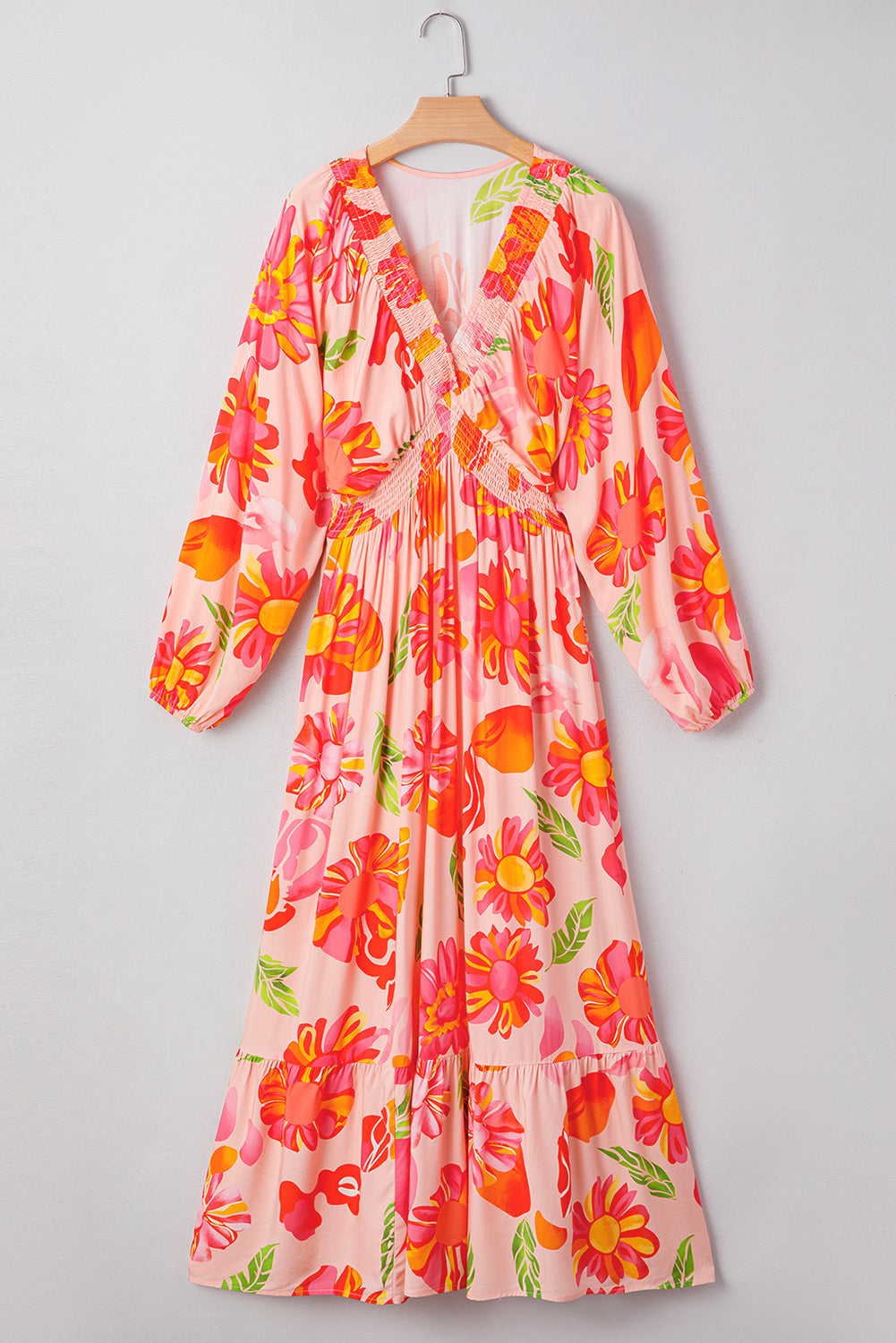 Floral-Print Smocked Detail V-Neck Puff Sleeve Flowy Maxi Dress