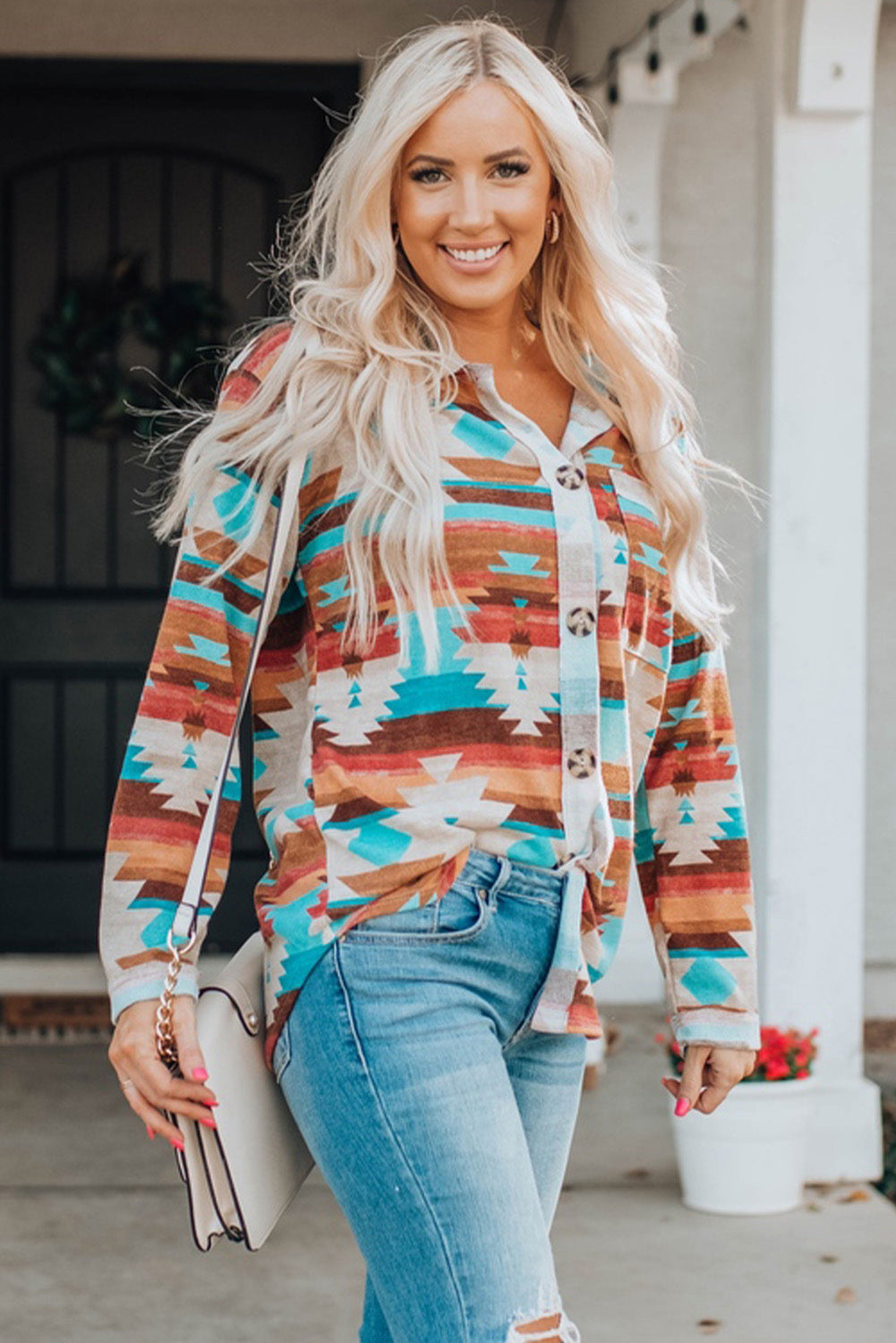 Shacket for Women Aztec Button-Front Pocket Chest Shirt