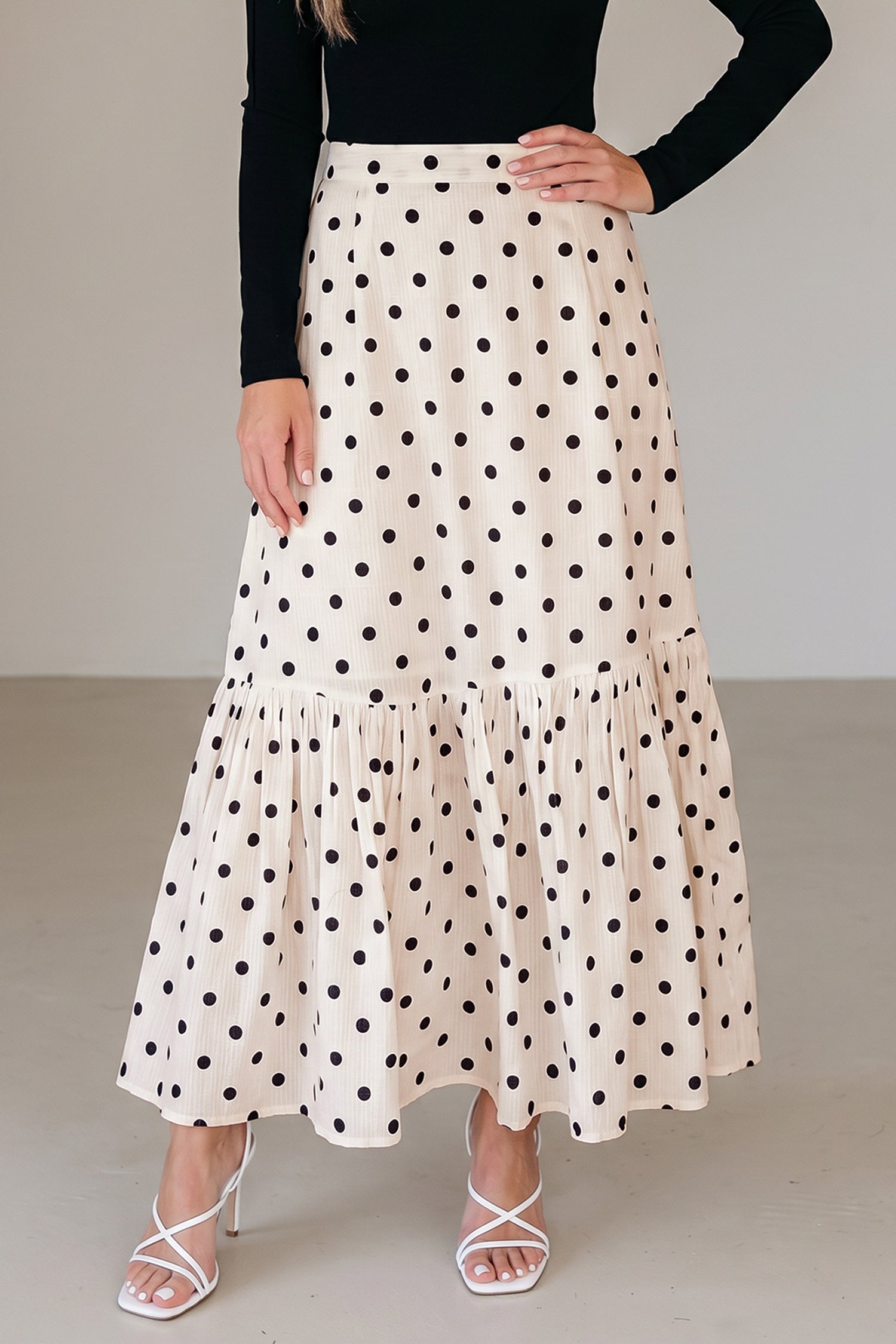 Polka-Dot Maxi Ruffled Slit Skirt in White