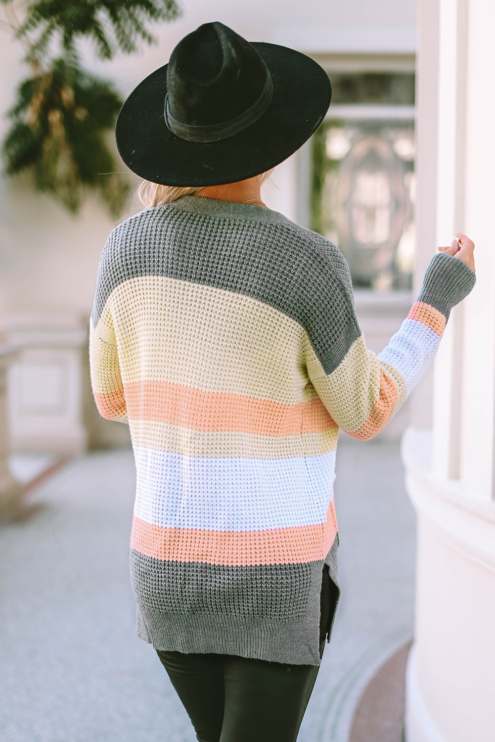 Women's Cardigan with Color-Block Striped Pocket-Detail Open