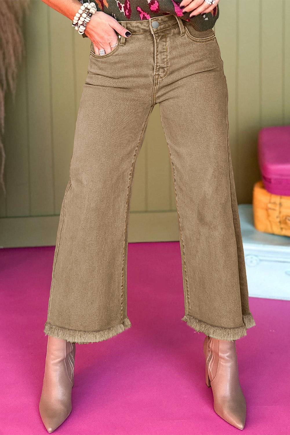 Women's Jeans Featuring Acid Washed High Rise Cropped Wide-Leg