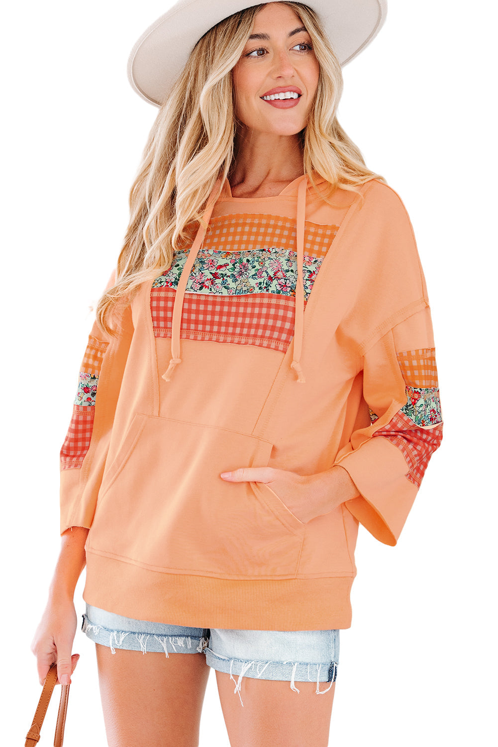 Plaid Floral Patchwork Kangaroo Pocket Hooded Long-Sleeved Top