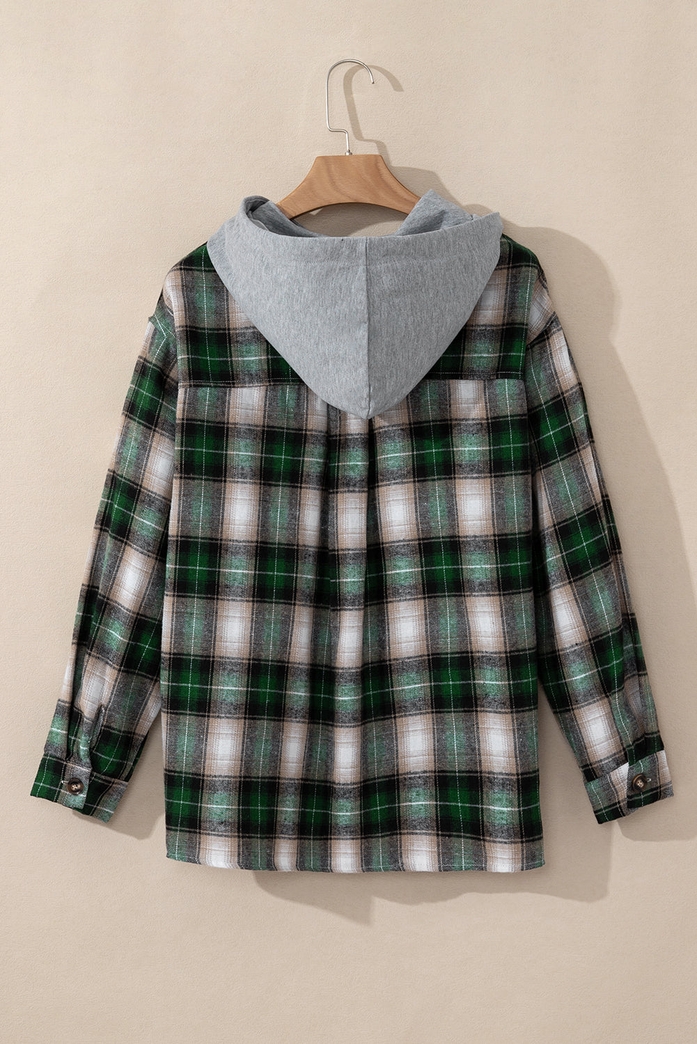Plaid-Patterned Pattern Button-Front Hooded Shacket