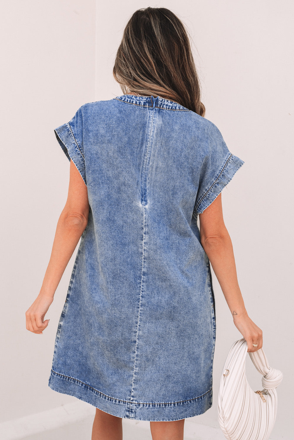 Tie V Neck Tucking Detail Denim Shift Dress