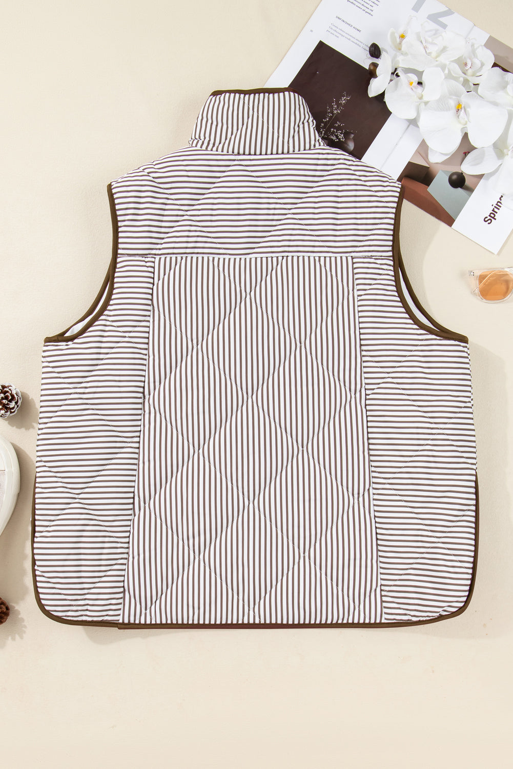 Stripe Hem Quilted Wavy Snap Button Plus Size Vest in Brown