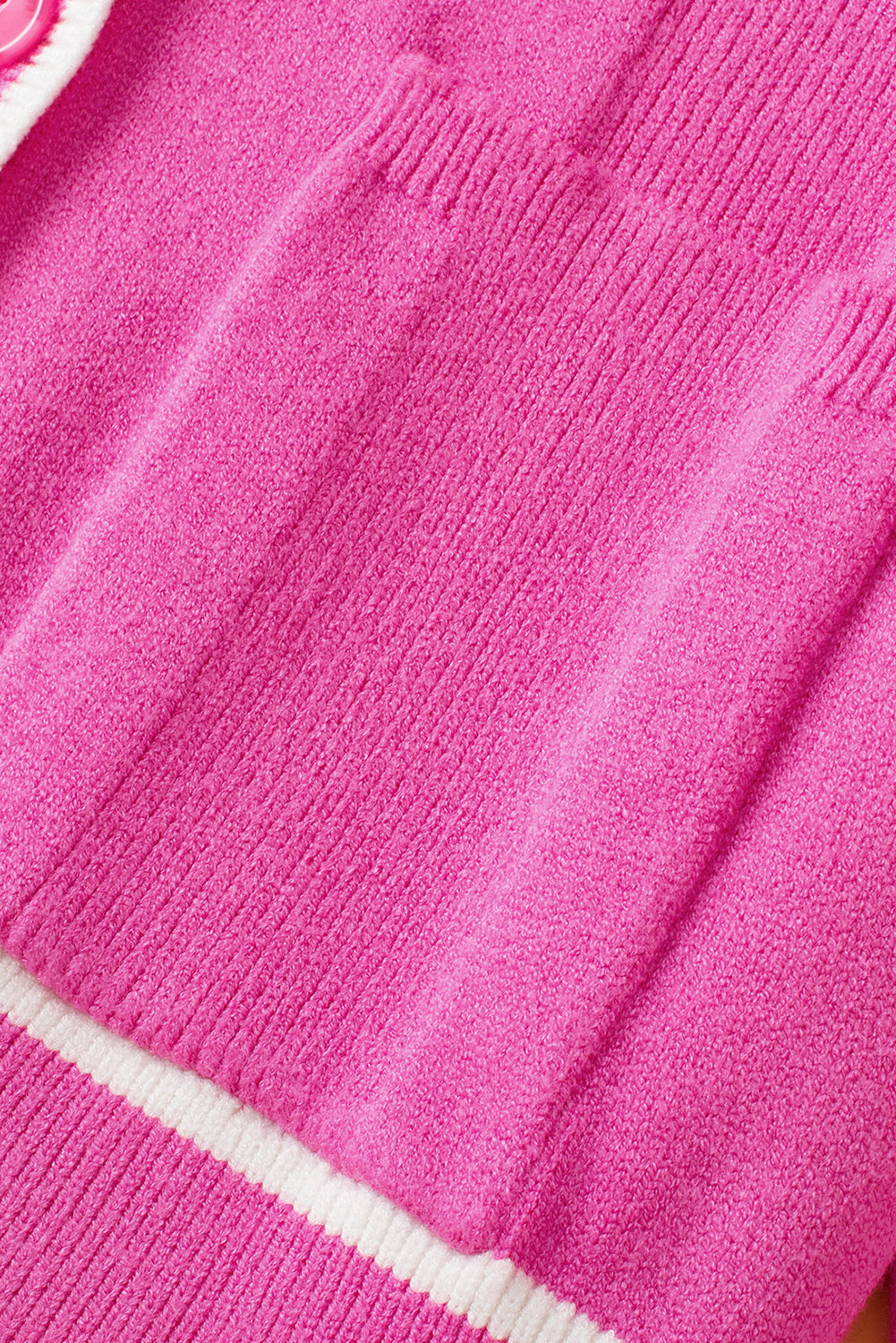 Bright Pink Color Contrast Side Pockets Button V-Neck Cardigan