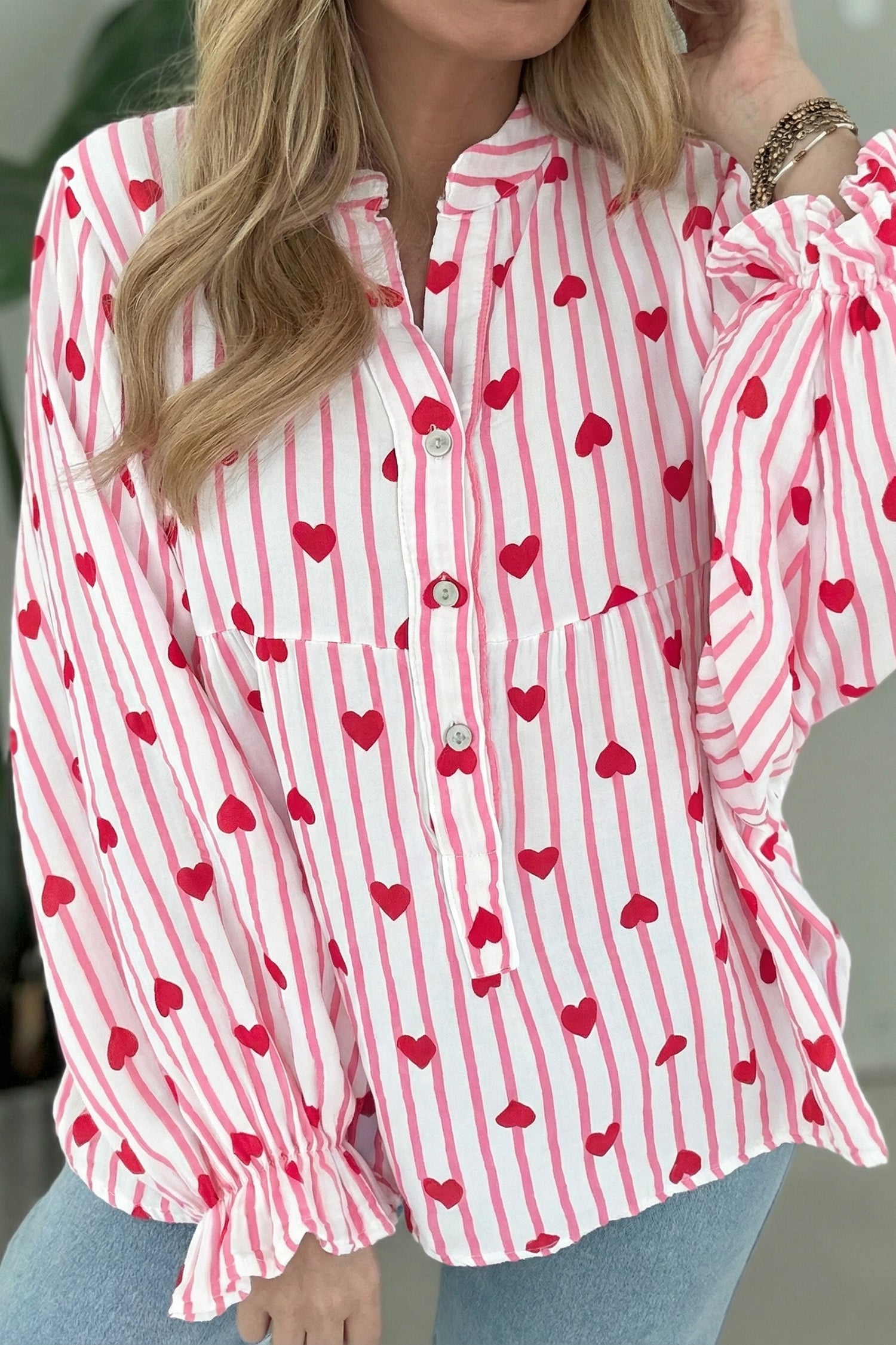 Stripe Long Heart Print Flounce Sleeve Shirt in Pink