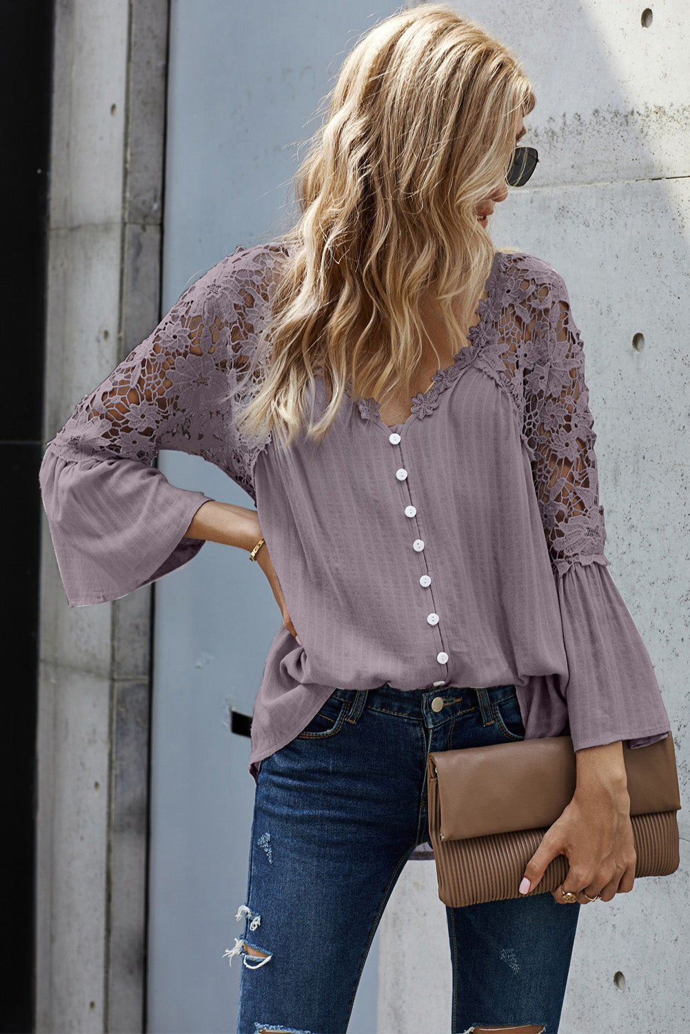 Women's Top with Crochet Lace-Trimmed Button Blouse Chic Purple