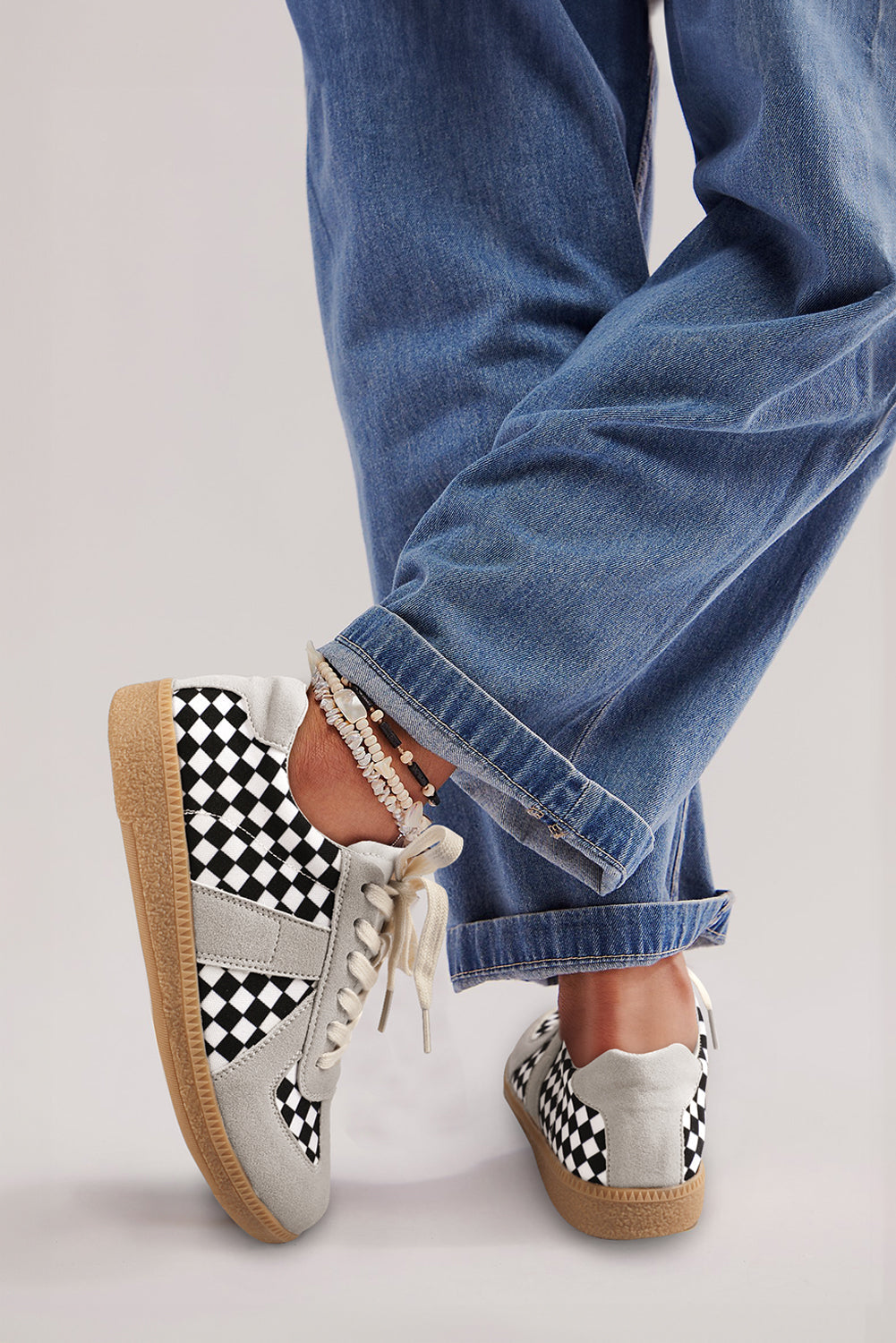 Lace-up Checkerboard Patchwork Flat Leatherette Shoes