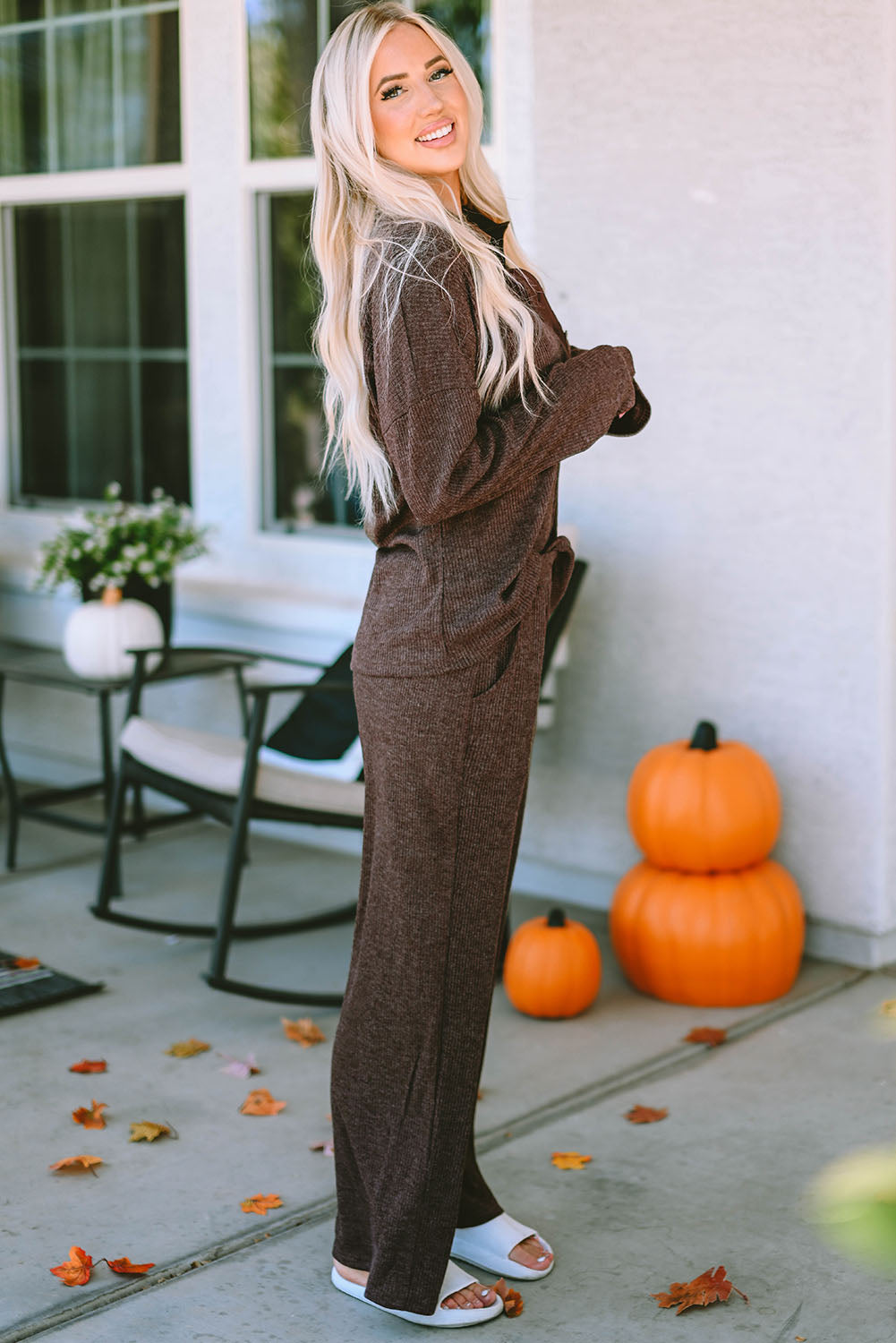 Rib-Knit Henley Knit Collared Top and Pants Lounge Outfit