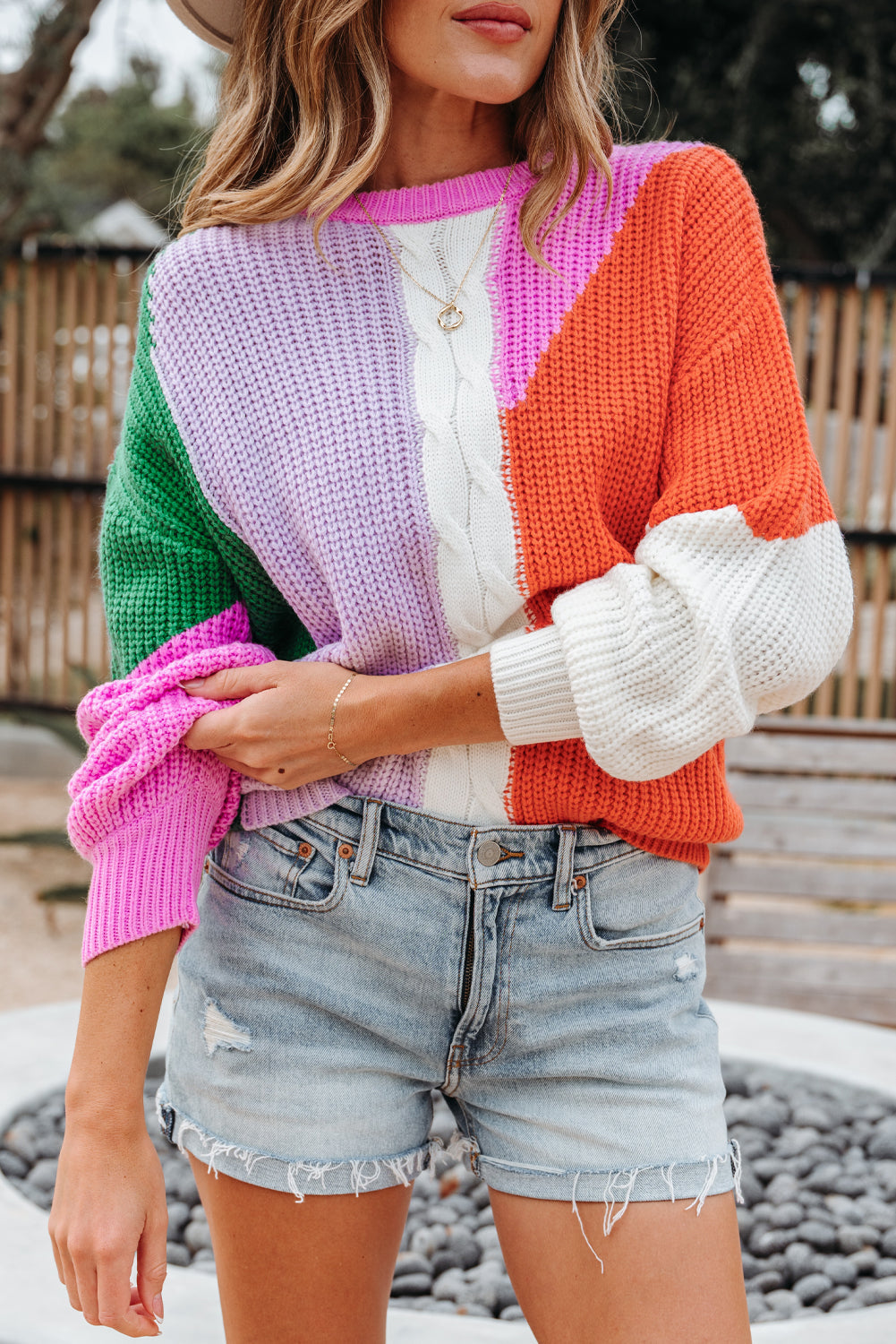 Knit Colorblock Textured Drop-Shoulder Easy-Fit Fit Knit Top