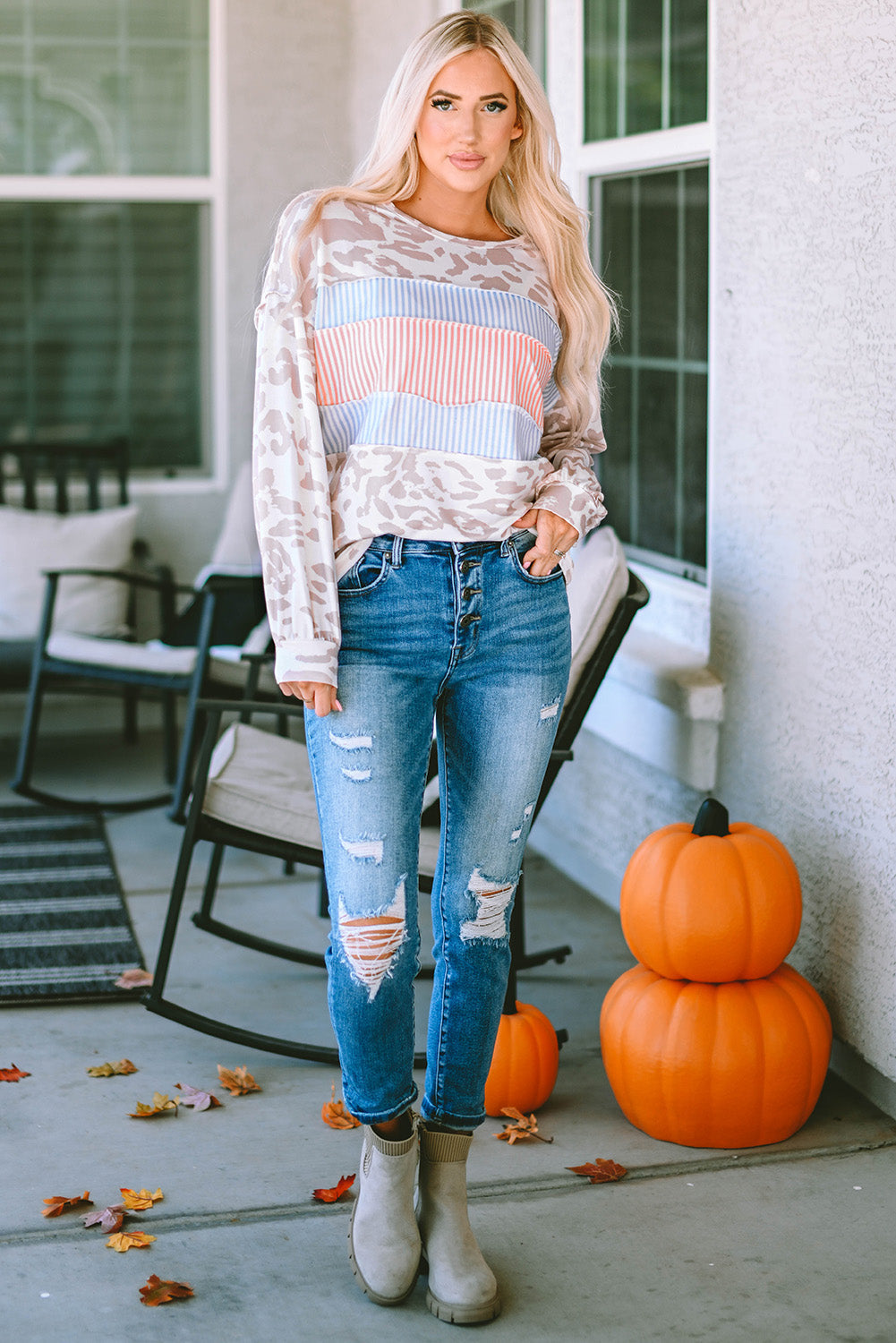 Knit Top for Women Balloon Sleeve Contrast Stripes