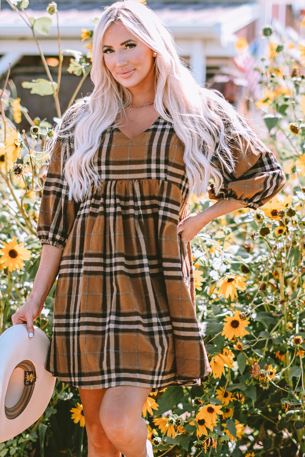 Women's Dress with Babydoll Plaid Pattern Empire-Waist