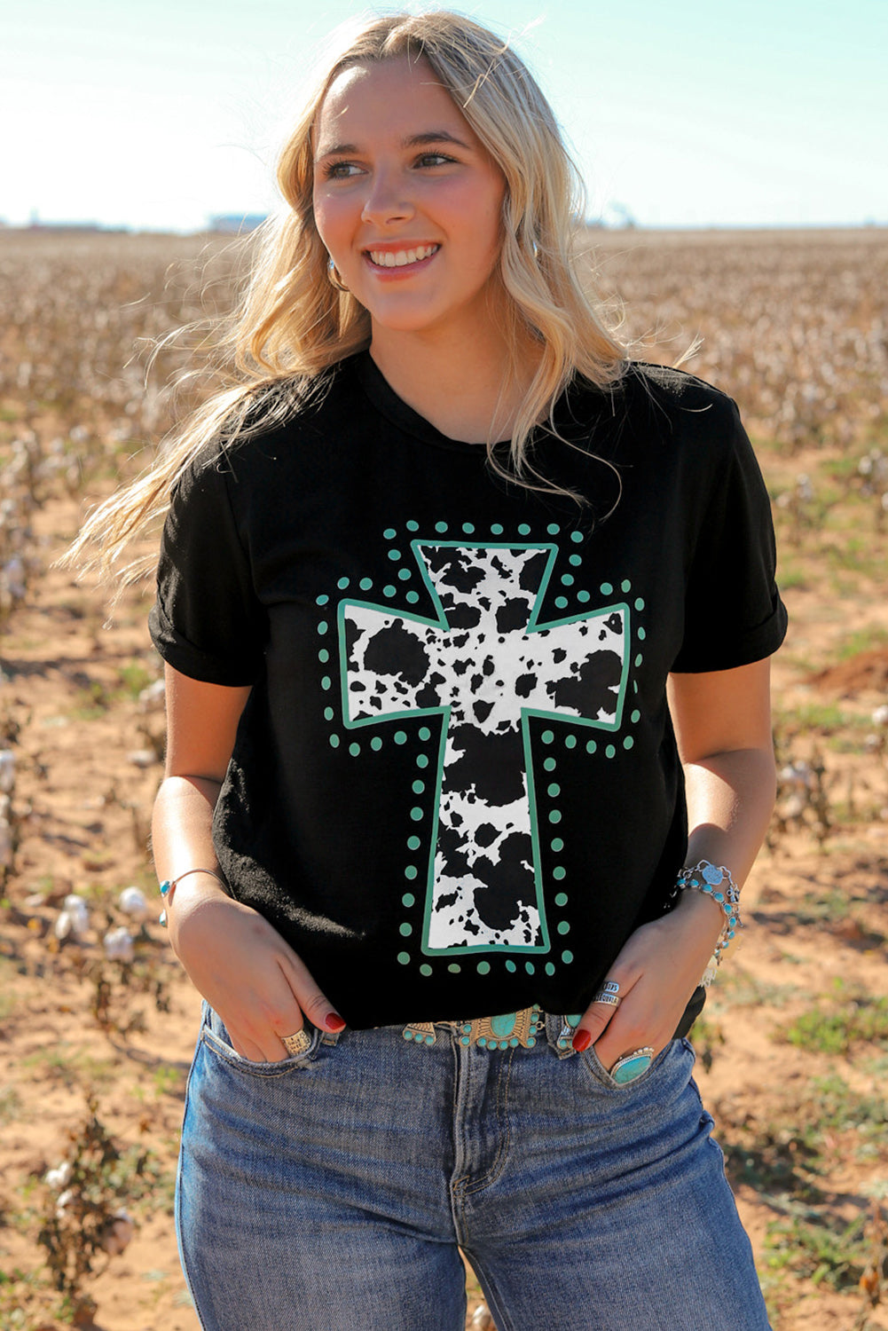 Women's Animal Print Cross Graphic-Print Tee