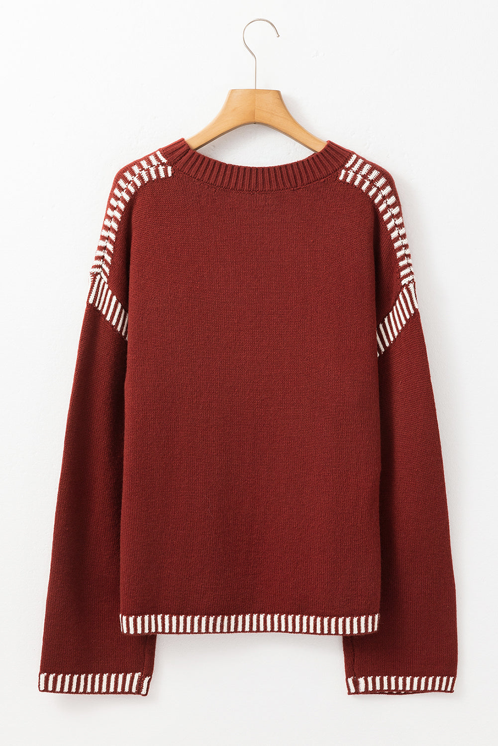 Color Contrast Trim Drop-Shoulder Crew-Neck Knit Top