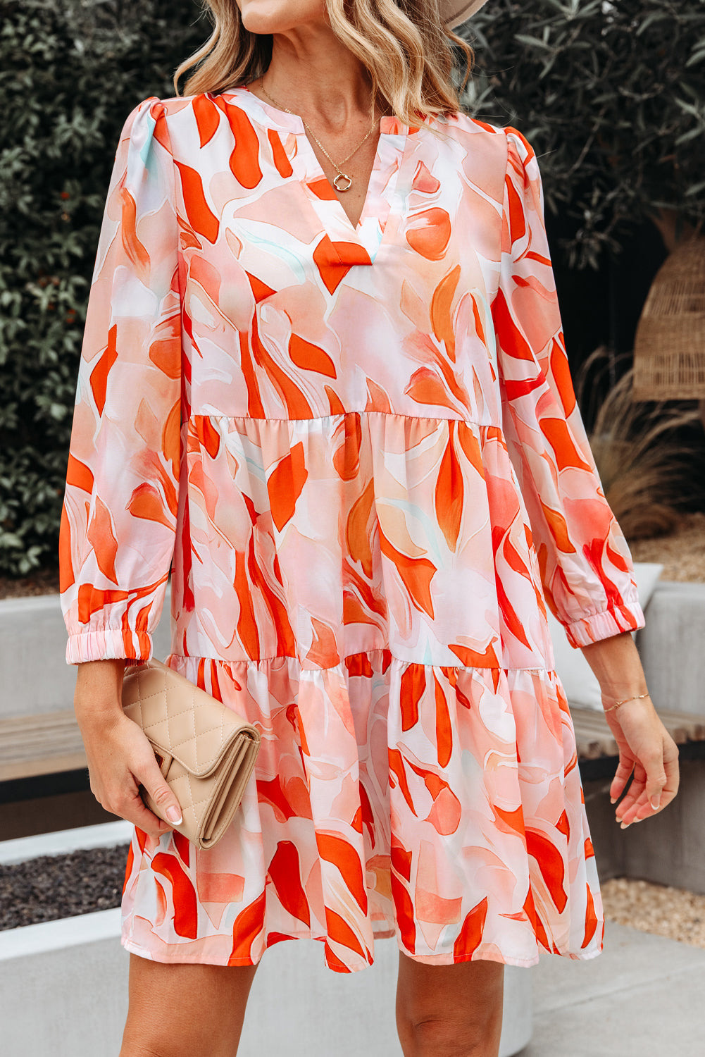 Abstract Print Split Neck Long-Sleeved Dress